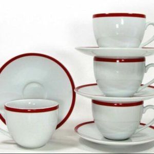 NEW 4 Demitasse Williams-Sonoma BRASSERIE RED 10oz Cup & Saucer Japan White Red